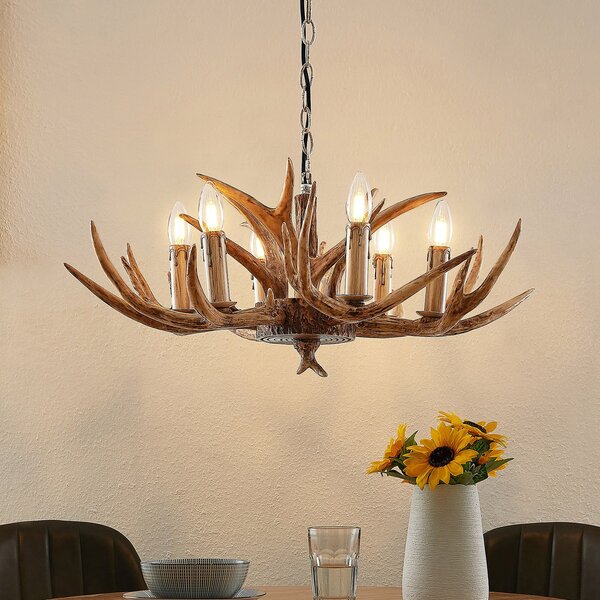 Lindby viseća lampa Tejask, Ø 70 cm, 6 žarulja, rog, E14, prigušiva, Smeđa / hrđa, Dnevni boravak/blagovaonica, Plastika, luster