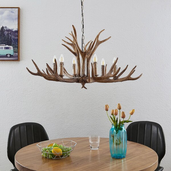 Lindby viseća lampa Tejask, Ø 102 cm, 6 žarulja, rog, E14, prigušiva, Smeđa / hrđa, Dnevni boravak/blagovaonica, Plastika, luster
