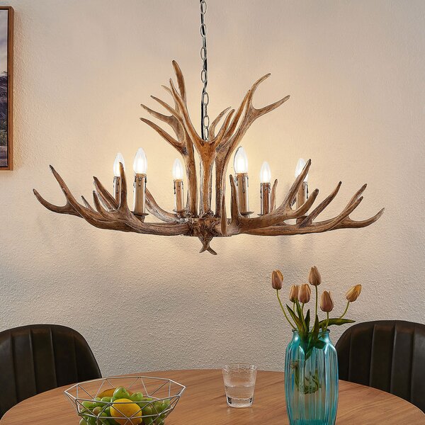 Lindby viseća lampa Tejask, Ø 102 cm, 6 žarulja, rog, E14, prigušiva, Smeđa / hrđa, Dnevni boravak/blagovaonica, Plastika, luster