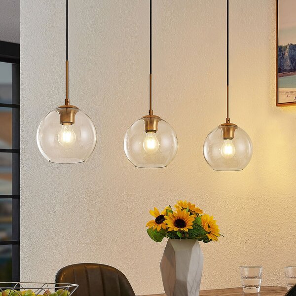 Lindby viseća lampa Grady, mesing/prozirno, 110 cm, metal, staklo, prigušiva, Zlato / mjed, Dnevni boravak/blagovaonica, Metal