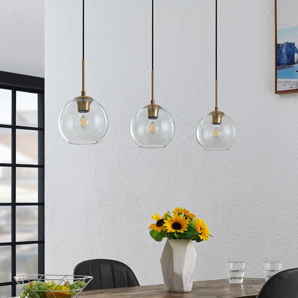 Lindby viseća lampa Grady, mesing/prozirno, 110 cm, metal, staklo, prigušiva, Zlato / mjed, Dnevni boravak/blagovaonica, Metal
