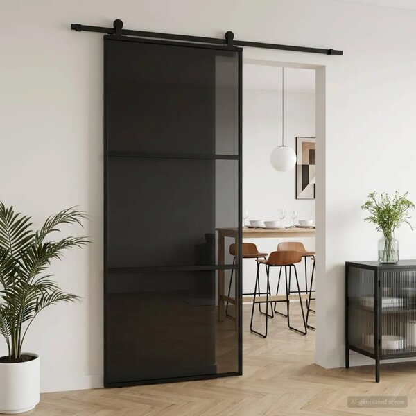 Klizna vrata 90 x 205 cm Kaljeno Staklo i Aluminij - 90 x 205 cm 2 horizontalne šipke (tamno prozirno staklo)