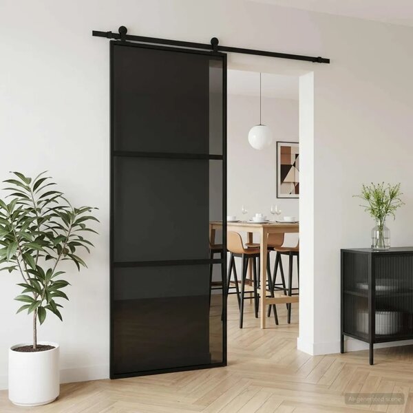 Klizna vrata 76 x 205 cm Kaljeno Staklo i Aluminij - 76 x 205 cm 2 horizontalne šipke (tamno prozirno staklo)