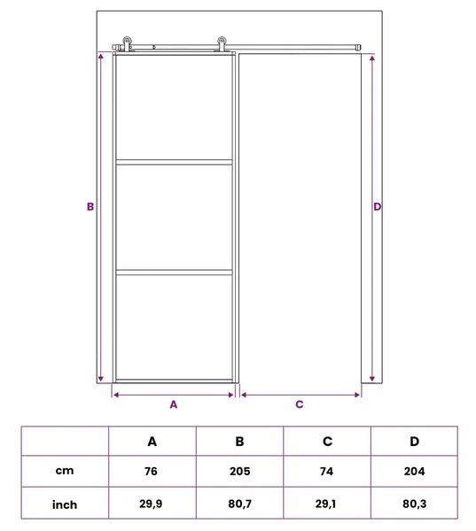 Klizna vrata 76 x 205 cm Kaljeno Staklo i Aluminij - 76 x 205 cm 2 horizontalne šipke (tamno prozirno staklo)