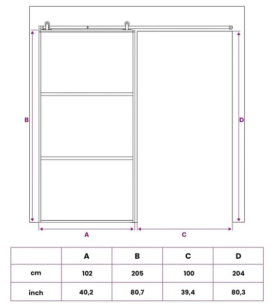 Klizna vrata 102 x 205 cm Kaljeno Staklo i Aluminij - 102 x 205 cm 2 horizontalne šipke (tamno prozirno staklo)
