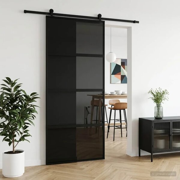 Klizna vrata 90 x 205 cm Kaljeno Staklo i Aluminij - Crna 90 x 205 cm Tamno prozirno