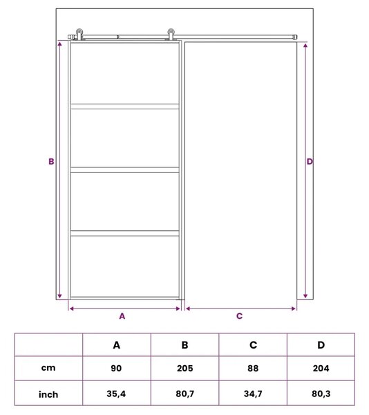 Klizna vrata 90 x 205 cm Kaljeno Staklo i Aluminij - Crna 90 x 205 cm Tamno prozirno