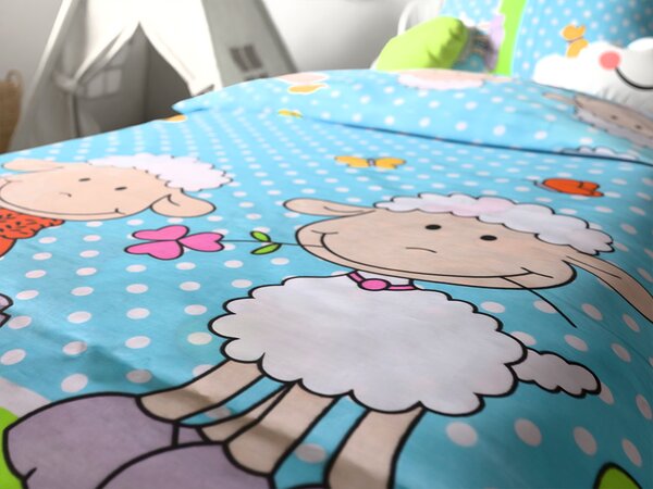 Pamučna posteljina za dječji krevetić OVČICE plava Dimenzije posteljine: 45 x 65 cm | 90 x 135 cm