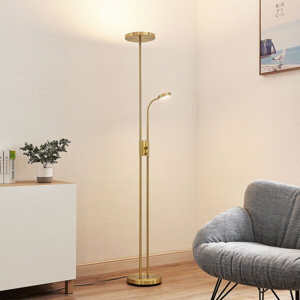 Lindby LED podna lampa Seppa, okrugla, mesing, metal, 180 cm, prigušiva, Zlato / mjed, Dnevni boravak/blagovaonica, Metal, Svjetlo za čitanje