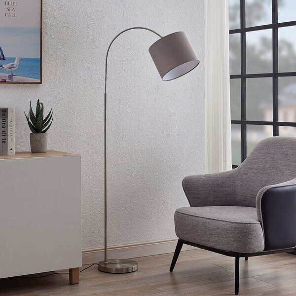 Lindby Keriba podna lampa, nikl/siva, tkanina, 150 cm, E27, Sivo, Dnevni boravak/blagovaonica, Metal, Stani luk