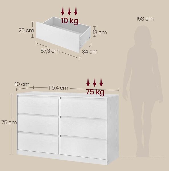 Kailyn komoda sa 6 ladica za spavaću sobu - Bijela