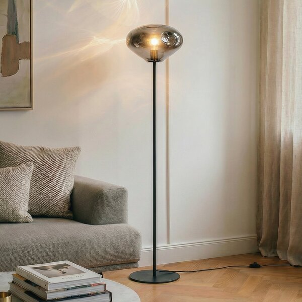 Lindby podna lampa Lelia, dimno siva, staklo, metal, 150 cm, Sivo, Dnevni boravak/blagovaonica, Staklo