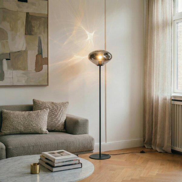 Lindby podna lampa Lelia, dimno siva, staklo, metal, 150 cm, Sivo, Dnevni boravak/blagovaonica, Staklo