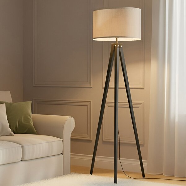 Lindby podna lampa Herry, crna, drvo, tronožac, 153 cm, Crno, Dnevni boravak/blagovaonica, Tkanina / tekstil