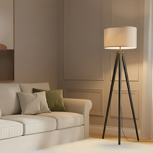Lindby podna lampa Herry, crna, drvo, tronožac, 153 cm, Crno, Dnevni boravak/blagovaonica, Tkanina / tekstil