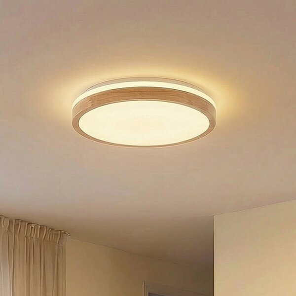 Lindby LED stropna svjetiljka Emiva, Ø 49 cm, CCT, drvo, prigušiva, Drvo, Dnevni boravak/blagovaonica, Drvo