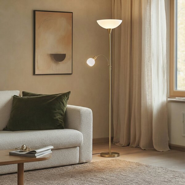 Lindby podna lampa Elaina, svjetlo za čitanje, boja mesinga, 183cm E27, Zlato / mjed, Dnevni boravak/blagovaonica, Metal, Svjetlo za čitanje