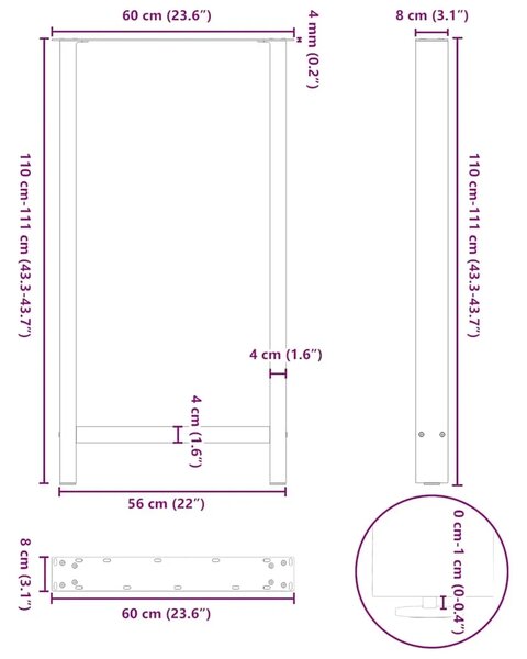 Noge za barski stol Crne 2 kom 60 x (110-111) cm Čelične - Crna 60 x (110-111) cm
