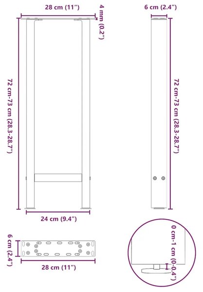 Noge za konzolni stol crne 2 kom 28 x (72-73) cm čelik - Crna 28 x (72-73) cm