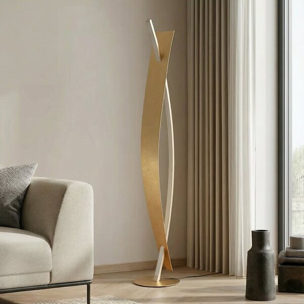 Lucande LED podna lampa Marija, zlatne boje, dimabilna, 140 cm, prigušiva, Zlato / mjed, Dnevni boravak/blagovaonica, Metal