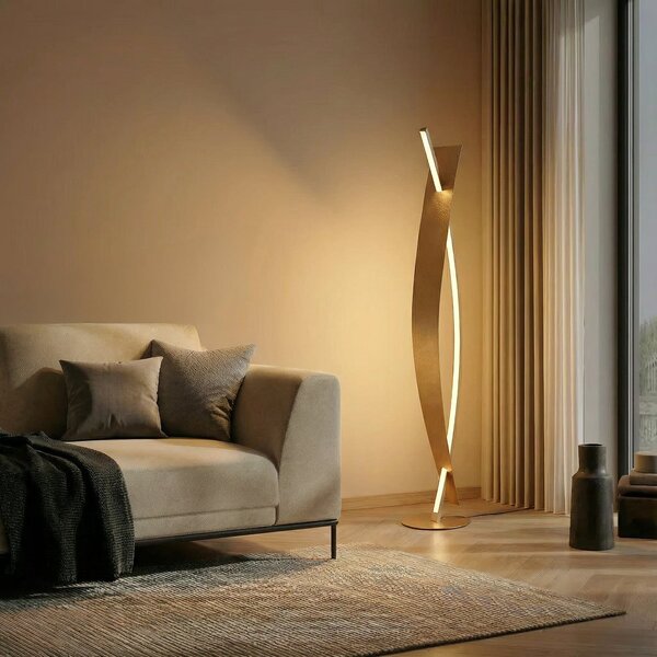 Lucande LED podna lampa Marija, zlatne boje, dimabilna, 140 cm, prigušiva, Zlato / mjed, Dnevni boravak/blagovaonica, Metal