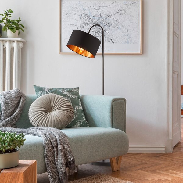 B.K. Licht Kari podna lampa, zakrivljena, crna/zlatna, tekstil, E27, Crno, Dnevni boravak/blagovaonica, Tkanina / tekstil
