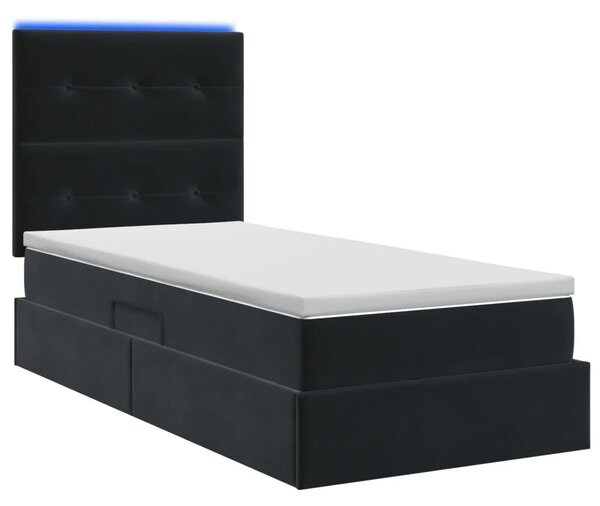 LED krevet za pohranu s madracem Crna 90 x 200 cm Baršun - Crna 90 x 200 cm Prošiveno gumbima
