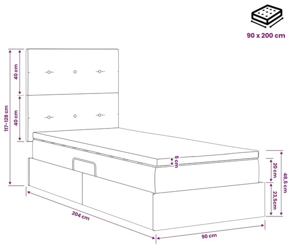 Krevet s madracem i skladištem Crna 90 x 200 cm Baršun - Crna 90 x 200 cm Prošiveno gumbima