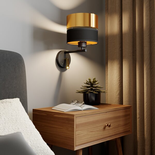 TK Lighting Zidna svjetiljka Hilton crno/zlatna s LED svjetlom za čitanje, Crno, Dnevni boravak/blagovaonica, Metal, Svjetlo za čitanje