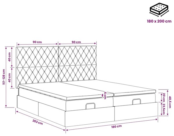Podesivi krevet s madracem s uzglavljem 2 kom. Crna Baršun - Crna 180 x 200 cm Kristal s dugmadima