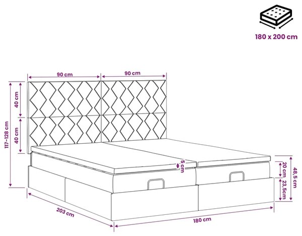 Podesivi krevet s madracem s uzglavljem 2 kom. Crna Baršun - Crna 180 x 200 cm Dizajn s rombovima