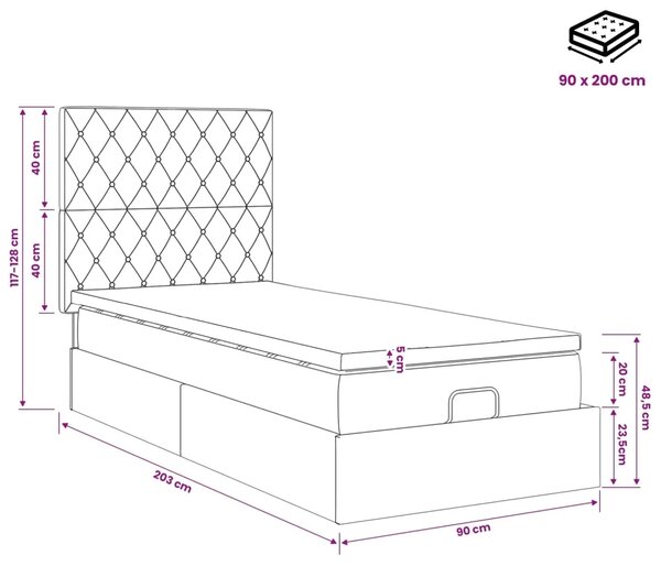 Podesivi krevet s madracem s uzglavljem Crna 90 x 200 cm Baršun - Crna 90 x 200 cm Kristal s dugmadima