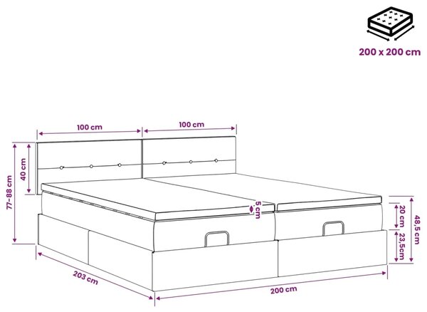 Podesivi krevet s madracem 2 kom. Crna 200 x 200 cm Tkanina - Crna 200 x 200 cm Prošiveno gumbima