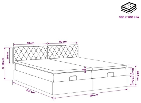 Podesivi krevet s madracem s uzglavljem 2 pcs Crna Baršun - Crna 180 x 200 cm Kristal s dugmadima