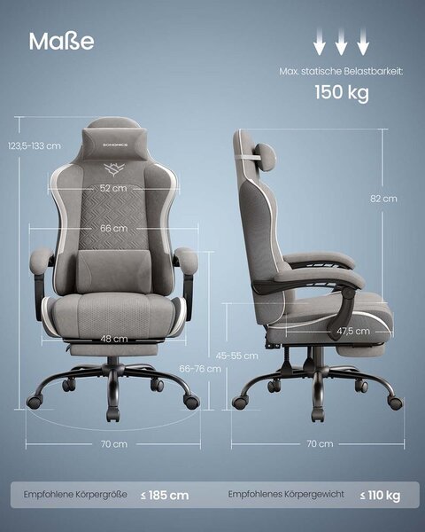 Ergonomska igraća stolica s osloncem za noge i jastukom od perja - Siva