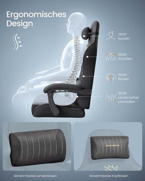 Ergonomska igraća stolica s osloncem za noge i jastukom od perja - Siva