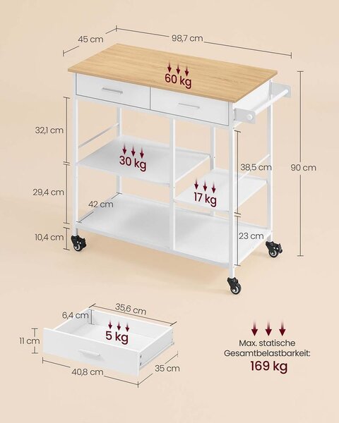 Kuhinjska kolica s kotačima, puno prostora za pohranu - 45D x 98,7Š cm