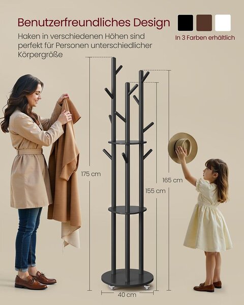 Vješalica za kapute s kukama i policama od punog drva - Crna