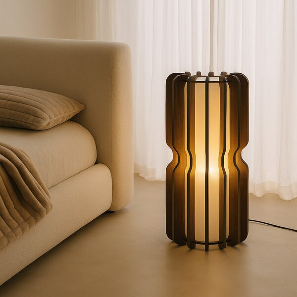 Lucande podna lampa Juneta, 75 cm, smeđa, drvo, tekstil, Drvo, Dnevni boravak/blagovaonica, Drvo