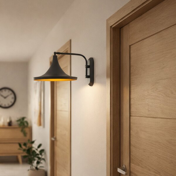 ROYALTECH Zidna lampa Genish, crna, širina 30 cm, metal, E27, prigušiva, Crno, Dnevni boravak/blagovaonica, Metal, Zidna utičnica ispod