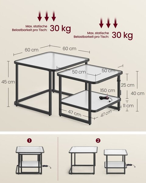 Set stolića za kavu od 2 komada s LED svjetlom - Crna