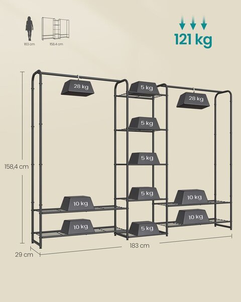 Stalak za odjeću s policama 29 x 183 x 158,4 cm mat crna