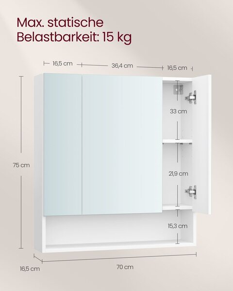 Kupaonski ormarić s 3 vrata - 16,5 x 70 x 75 cm