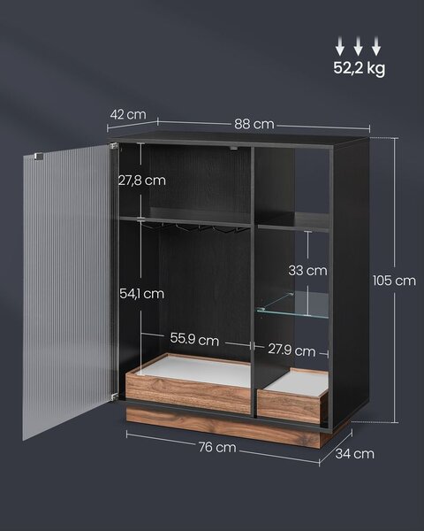 Vitrina s rasvjetom i rebrastim staklenim vratima