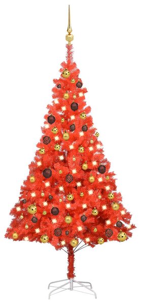 VidaXL Umjetno osvijetljeno božićno drvce s kuglicama crveno 150cm PVC