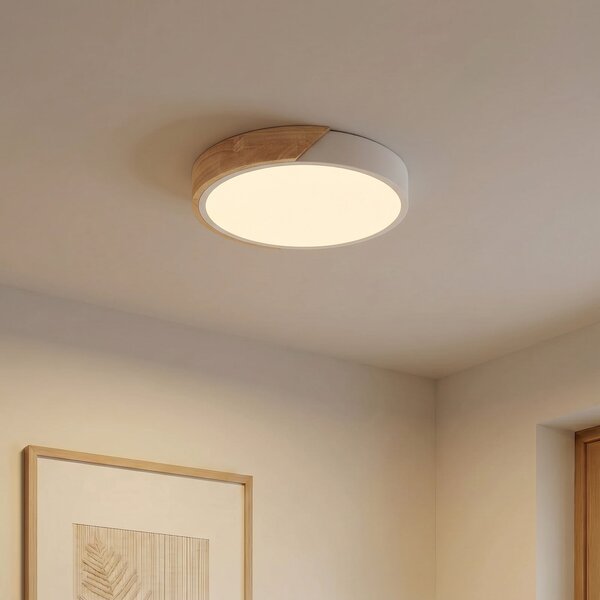 PRIOS Prios Lynorri LED stropna svjetiljka, Ø 32 cm, bijela, drveni završetak, Bijela, Dnevni boravak/blagovaonica, Plastika