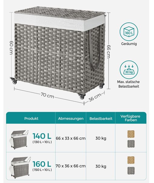 Košara za rublje s 3 odjeljka - Smeđa - 140L (66 x 33 x 66 cm)
