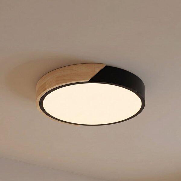 PRIOS LED stropna svjetiljka Prios Lynorri, Ø 32 cm, crna, s drvenim uzorkom, Crno, Dnevni boravak/blagovaonica, Plastika