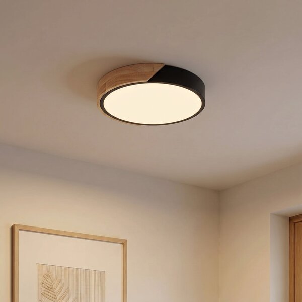 PRIOS LED stropna svjetiljka Prios Lynorri, Ø 32 cm, crna, s drvenim uzorkom, Crno, Dnevni boravak/blagovaonica, Plastika