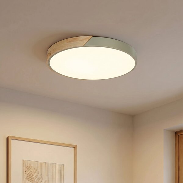PRIOS LED stropna svjetiljka Prios Lynorri, Ø 52 cm, zelena, s drvenim uzorkom, Zelena, Dnevni boravak/blagovaonica, Plastika